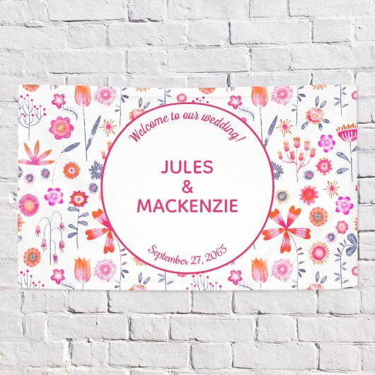 Moderne Roze Bloemen Boho Bruiloft Spandoek