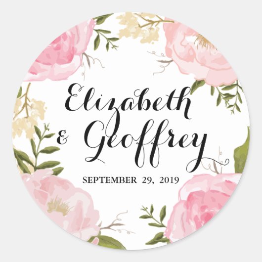 Moderne  Roze Bloemen Bruiloft Custom Favor Ronde Sticker (Voorkant)