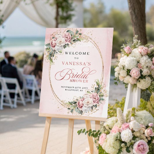 Moderne Roze Bloemen Bruiloft Feest Welkom Poster