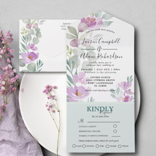 Moderne Roze Bloemen & Eucalyptus Huwelijk All In One Uitnodiging