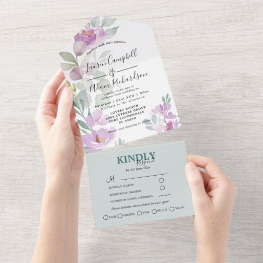 Moderne Roze Bloemen & Eucalyptus Huwelijk All In One Uitnodiging (Afscheurbaar)