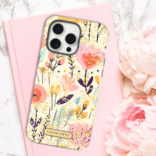Moderne Roze Bloemen Glitter Chic Gepersonaliseerd iPhone 15 Pro Max Case