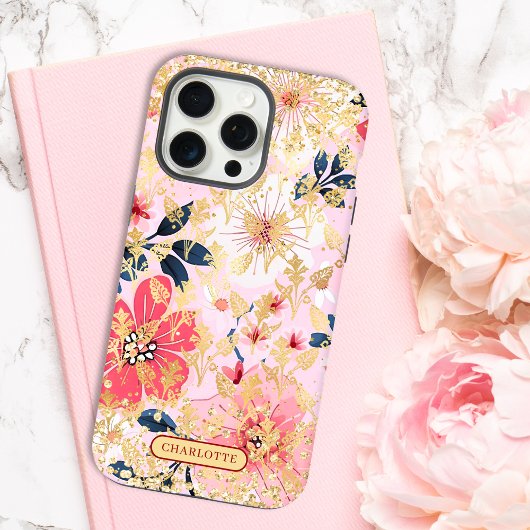Moderne Roze Bloemen Glitter Chic Gepersonaliseerd iPhone Hoesje
