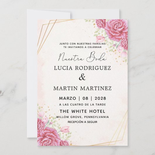 Moderne Roze Bloemen Goud Spaans Nuestra Boda Kaart (Voorkant)