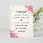 Moderne Roze Bloemen Goud Spaans Nuestra Boda Kaart (Staand voorkant)
