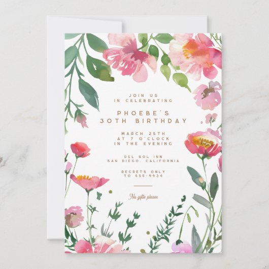 Moderne Roze Bloemen Gouden Tuin Verjaardagsfeest Kaart (Voorkant)