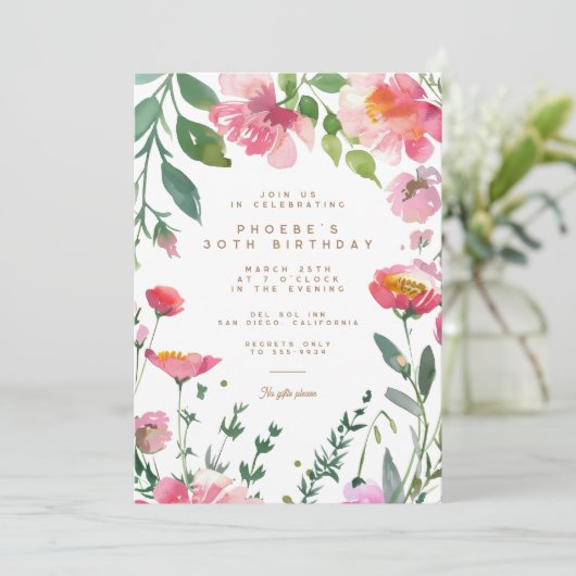 Moderne Roze Bloemen Gouden Tuin Verjaardagsfeest Kaart (Staand voorkant)