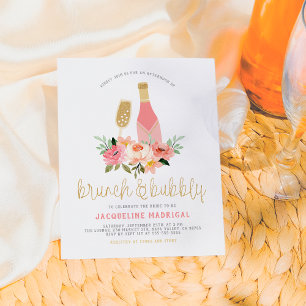 Moderne roze bloemen & goudglitter Brunch en bubbe Uitnodiging Briefkaart