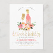 Moderne roze bloemen & goudglitter Brunch en bubbe Uitnodiging Briefkaart (Voorkant)