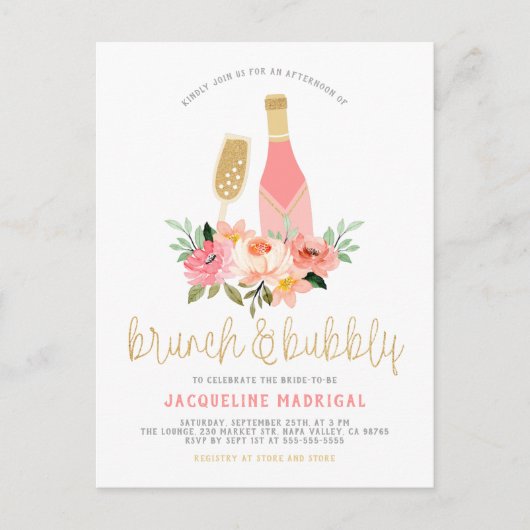 Moderne roze bloemen & goudglitter Brunch en bubbe Uitnodiging Briefkaart (Voorkant)