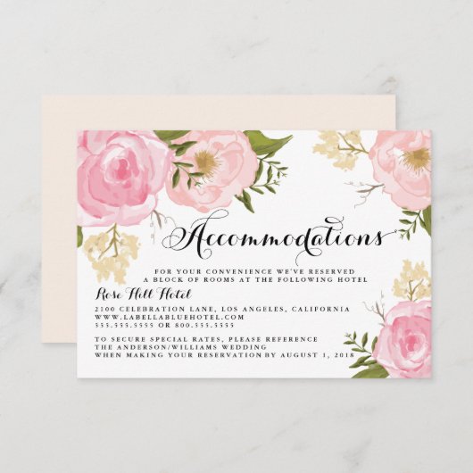 Moderne Roze Bloemen Huwelijksaccommodatie Informatiekaartje (Voorkant / Achterkant)