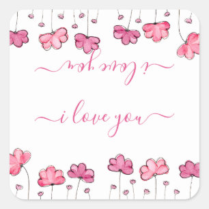 Moderne roze bloemen, ik hou van je vierkante sticker