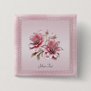 Moderne Roze Bloemen Knop Vierkante Button 5,1 Cm