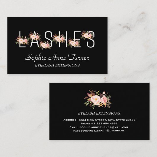 Moderne Roze Bloemen Letter EyeLash Extensions Visitekaartje (Voorkant / Achterkant)