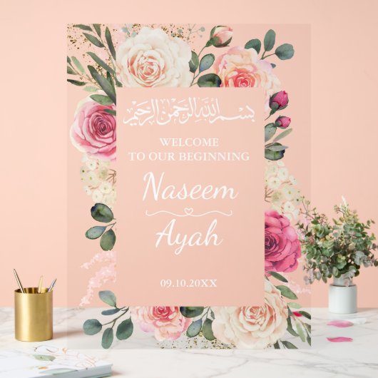 Moderne Roze Bloemen Moslim Islamitische Welkom In Acryl Bord (Huwelijk)