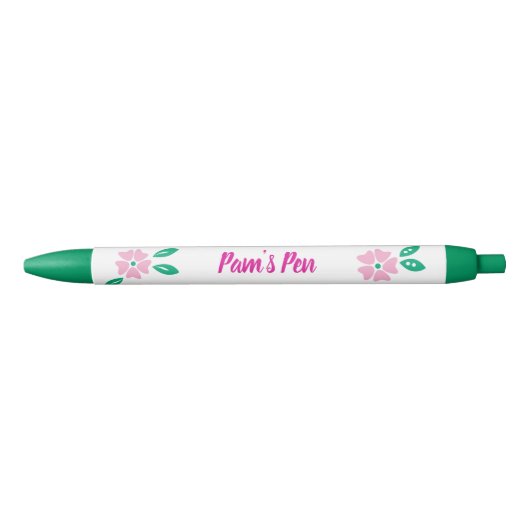 Moderne Roze Bloemen Naam Zwarte Inkt Pen (Voorkant)
