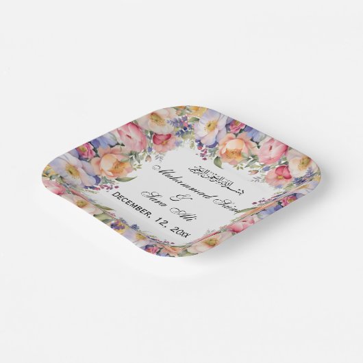 Moderne Roze Bloemen Nikah Moslim Uitnodiging Papieren Bordje (Gebogen)