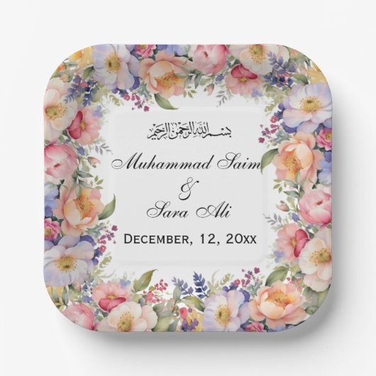Moderne Roze Bloemen Nikah Moslim Uitnodiging Papieren Bordje (Voorkant)