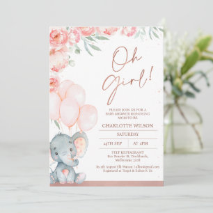 Moderne Roze Bloemen Oh Meisje Olifant Baby shower Kaart