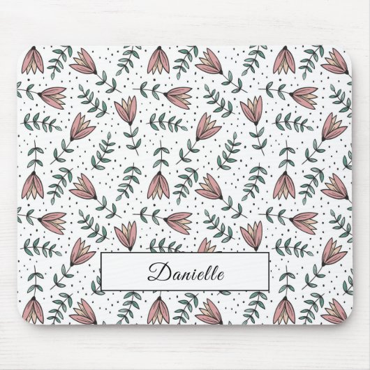 Moderne Roze Bloemen Patroon Naam Muismat (Voorkant)