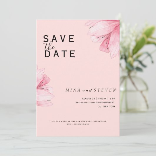 Moderne Roze Bloemen Romance bruiloft Save The Date (Staand voorkant)