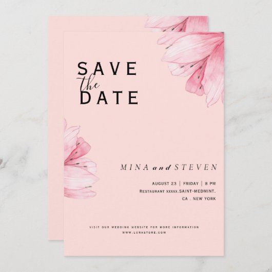 Moderne Roze Bloemen Romance bruiloft Save The Date (Voorkant / Achterkant)