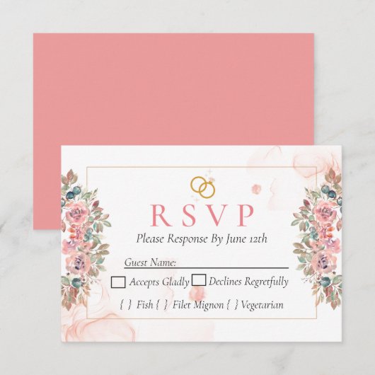 Moderne roze bloemen RSVP kaart (Voorkant / Achterkant)