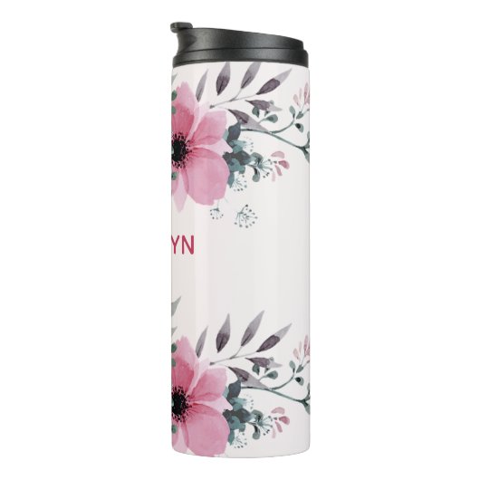 Moderne roze bloemen thermosbeker (Geroteerd rechts)