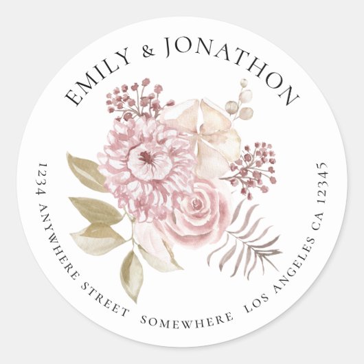 Moderne Roze Bloemen Trouwnaam Retouradres Ronde Sticker (Voorkant)
