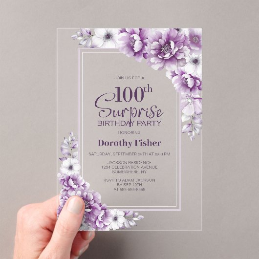 Moderne Roze Bloemen Verrassing 100ste Verjaardags Acryl Uitnodigingen (Insitu (Draagbaar))