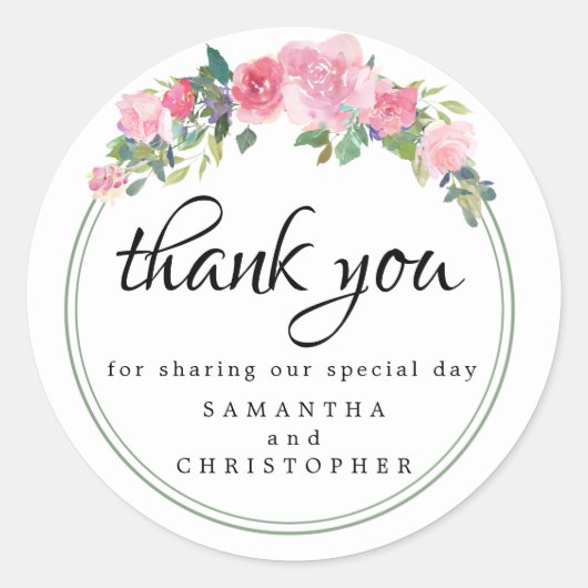 Moderne roze bloemenbruiloft gunst dank u ronde sticker (Voorkant)