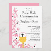 Moderne roze bloemeneerste heilige communie uitnod kaart (Voorkant / Achterkant)