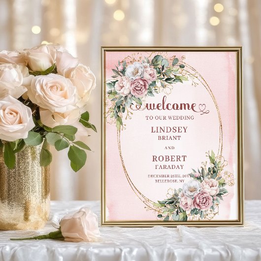 Moderne Roze Bloemengroet met Gouden Glitters Poster