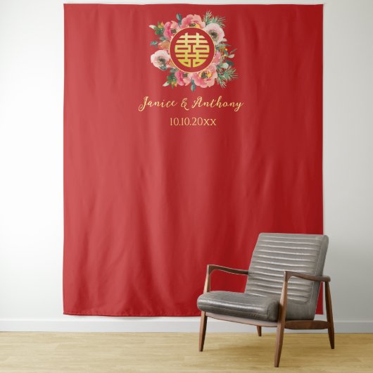 Moderne roze bloemenkrans chinese bruiloft achterg wandkleed (In situ)