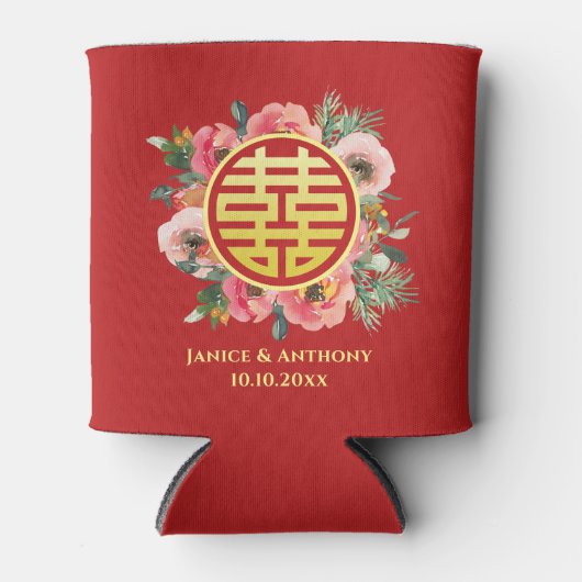 Moderne roze bloemenkrans chinese bruiloft blikjeskoeler (Voorkant)