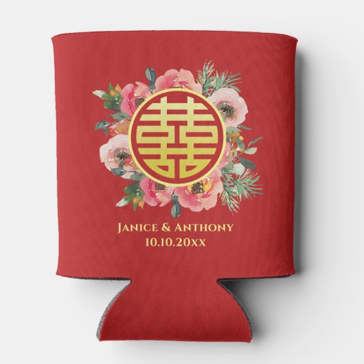 Moderne roze bloemenkrans chinese bruiloft blikjeskoeler (Achterkant)
