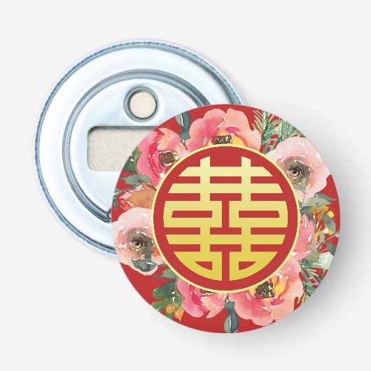 Moderne roze bloemenkrans chinese bruiloft button flesopener (Voorkant)