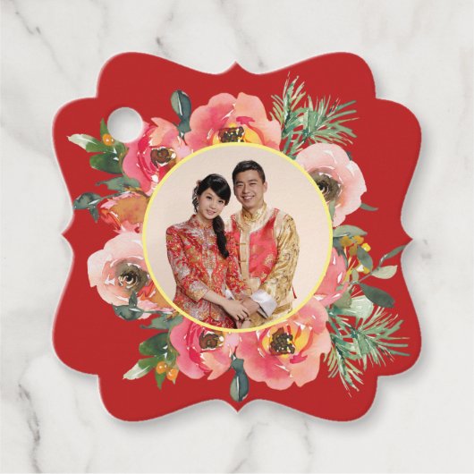 Moderne roze bloemenkrans chinese bruiloft foto bedankjes labels (Voorkant)
