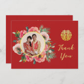 Moderne roze bloemenkrans chinese bruiloft foto bedankkaart (Voorkant / Achterkant)