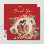 Moderne roze bloemenkrans chinese bruiloft foto bedankkaart (Voorkant / Achterkant)