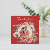 Moderne roze bloemenkrans chinese bruiloft foto bedankkaart (Staand voorkant)