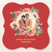 Moderne roze bloemenkrans chinese bruiloft foto kartonnen onderzetters (Voorkant)