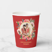 Moderne roze bloemenkrans chinese bruiloft foto papieren bekers (Achterkant)