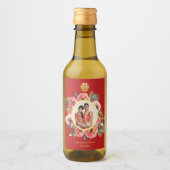 Moderne roze bloemenkrans chinese bruiloft foto wijn etiket (Voorkant)