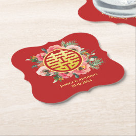 Moderne roze bloemenkrans chinese bruiloft kartonnen onderzetters