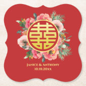 Moderne roze bloemenkrans chinese bruiloft kartonnen onderzetters (Voorkant)