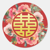 Moderne roze bloemenkrans chinese bruiloft ronde sticker (Voorkant)
