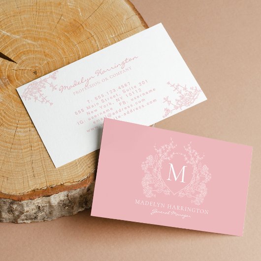 Moderne Roze Bloemenkroon Monogram Visitekaartje