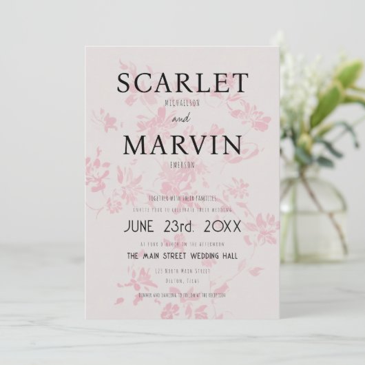 Moderne roze bloemenlente bruiloft kaart (Staand voorkant)