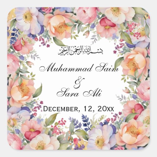 Moderne roze bloemenmoslim bruiloft Sticker (Voorkant)